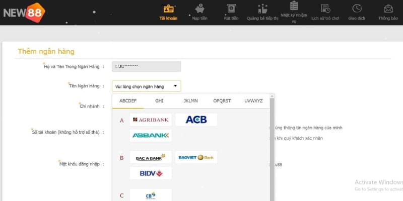 Điền đầy đủ thông tin vào biểu mẫu để thực hiện rút tiền New88
